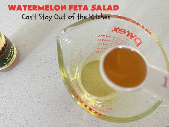 Watermelon Feta Salad | Can't Stay Out of the Kitchen | this fantastic #salad is #healthy, #SugarFree, #GlutenFree & #LowCalorie. It's fabulous to whip up for potlucks or company but easy enough for everyday menus. The combination of flavors with the #SaladDressing is mouthwatering & irresistible. #watermelon #GrapeTomatoes #FetaCheese #BalsamicVinaigrette #WatermelonFetaSalad