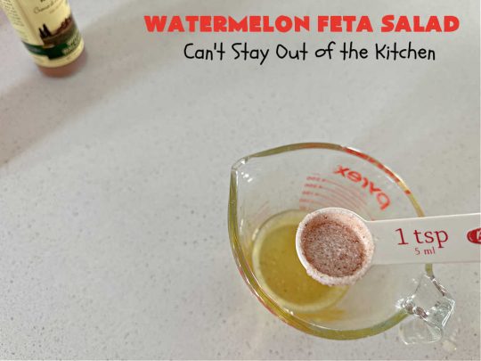 Watermelon Feta Salad | Can't Stay Out of the Kitchen | this fantastic #salad is #healthy, #SugarFree, #GlutenFree & #LowCalorie. It's fabulous to whip up for potlucks or company but easy enough for everyday menus. The combination of flavors with the #SaladDressing is mouthwatering & irresistible. #watermelon #GrapeTomatoes #FetaCheese #BalsamicVinaigrette #WatermelonFetaSalad
