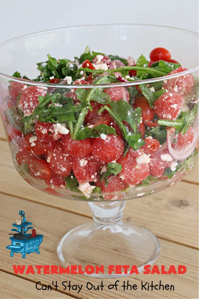 Watermelon Feta Salad | Can't Stay Out of the Kitchen | this fantastic #salad is #healthy, #SugarFree, #GlutenFree & #LowCalorie. It's fabulous to whip up for potlucks or company but easy enough for everyday menus. The combination of flavors with the #SaladDressing is mouthwatering & irresistible. #watermelon #GrapeTomatoes #FetaCheese #BalsamicVinaigrette #WatermelonFetaSalad