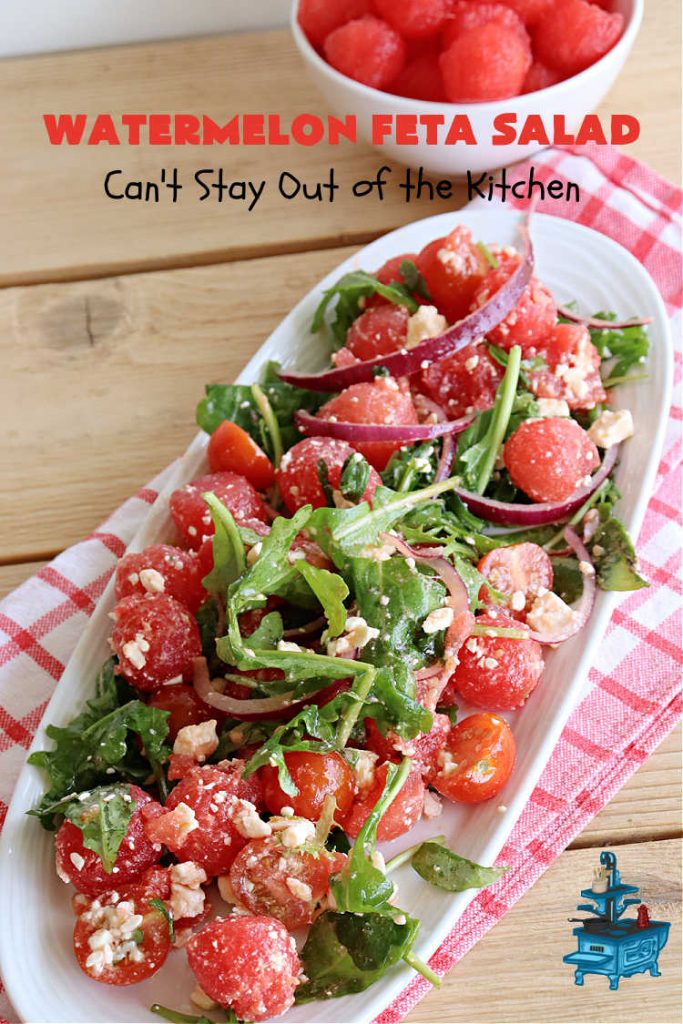 Watermelon Feta Salad | Can't Stay Out of the Kitchen | this fantastic #salad is #healthy, #SugarFree, #GlutenFree & #LowCalorie. It's fabulous to whip up for potlucks or company but easy enough for everyday menus. The combination of flavors with the #SaladDressing is mouthwatering & irresistible. #watermelon #GrapeTomatoes #FetaCheese #BalsamicVinaigrette #WatermelonFetaSalad
