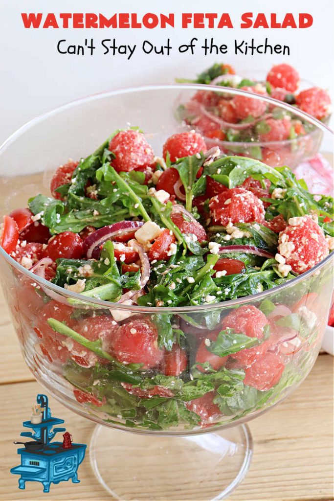 Watermelon Feta Salad | Can't Stay Out of the Kitchen | this fantastic #salad is #healthy, #SugarFree, #GlutenFree & #LowCalorie. It's fabulous to whip up for potlucks or company but easy enough for everyday menus. The combination of flavors with the #SaladDressing is mouthwatering & irresistible. #watermelon #GrapeTomatoes #FetaCheese #BalsamicVinaigrette #WatermelonFetaSalad