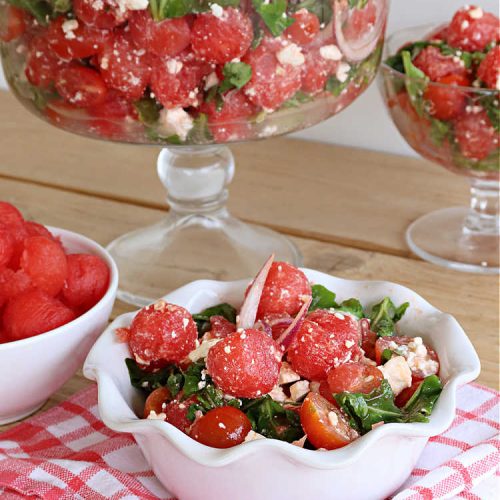 Watermelon Feta Salad | Can't Stay Out of the Kitchen | this fantastic #salad is #healthy, #SugarFree, #GlutenFree & #LowCalorie. It's fabulous to whip up for potlucks or company but easy enough for everyday menus. The combination of flavors with the #SaladDressing is mouthwatering & irresistible. #watermelon #GrapeTomatoes #FetaCheese #BalsamicVinaigrette #WatermelonFetaSalad