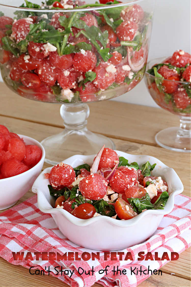 Watermelon Feta Salad | Can't Stay Out of the Kitchen | this fantastic #salad is #healthy, #SugarFree, #GlutenFree & #LowCalorie. It's fabulous to whip up for potlucks or company but easy enough for everyday menus. The combination of flavors with the #SaladDressing is mouthwatering & irresistible. #watermelon #GrapeTomatoes #FetaCheese #BalsamicVinaigrette #WatermelonFetaSalad