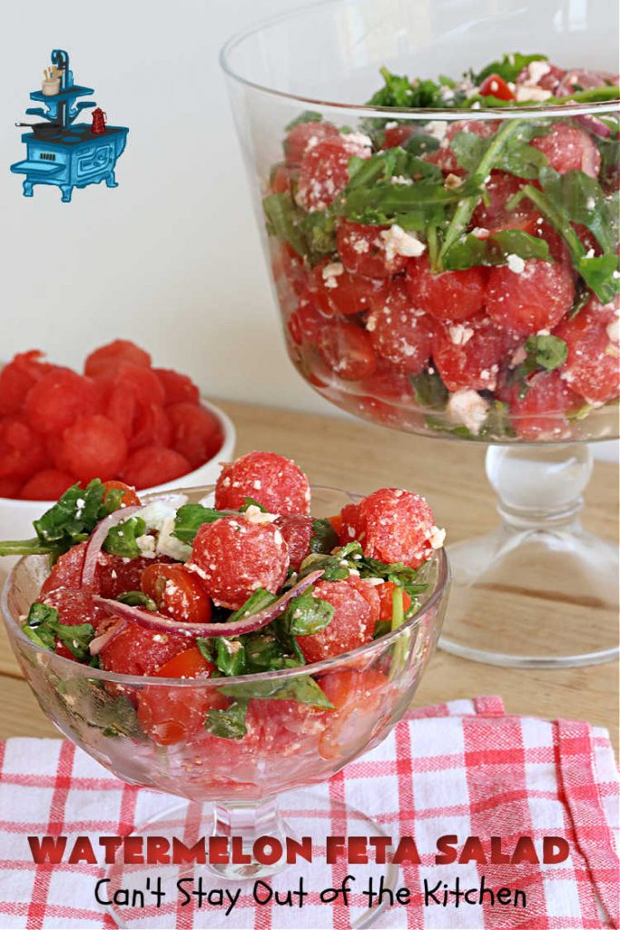 Watermelon Feta Salad | Can't Stay Out of the Kitchen | this fantastic #salad is #healthy, #SugarFree, #GlutenFree & #LowCalorie. It's fabulous to whip up for potlucks or company but easy enough for everyday menus. The combination of flavors with the #SaladDressing is mouthwatering & irresistible. #watermelon #GrapeTomatoes #FetaCheese #BalsamicVinaigrette #WatermelonFetaSalad
