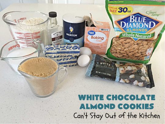 White Chocolate Almond Cookies | Can't Stay Out of the Kitchen | these delectable #cookies are made with REAL #WhiteChocolateChips not merely vanilla chips so they have that chocolaty flavor everyone loves. Plus they're chocked full of diced #almonds which add another dimension and flavor that's simply heavenly. Excellent for a potluck, #ChristmasCookieExchange or #tailgating party. Every bite will rock your world! #chocolate #dessert #HolidayDessert #ChocolateDessert #WhiteChocolateAlmondCookies