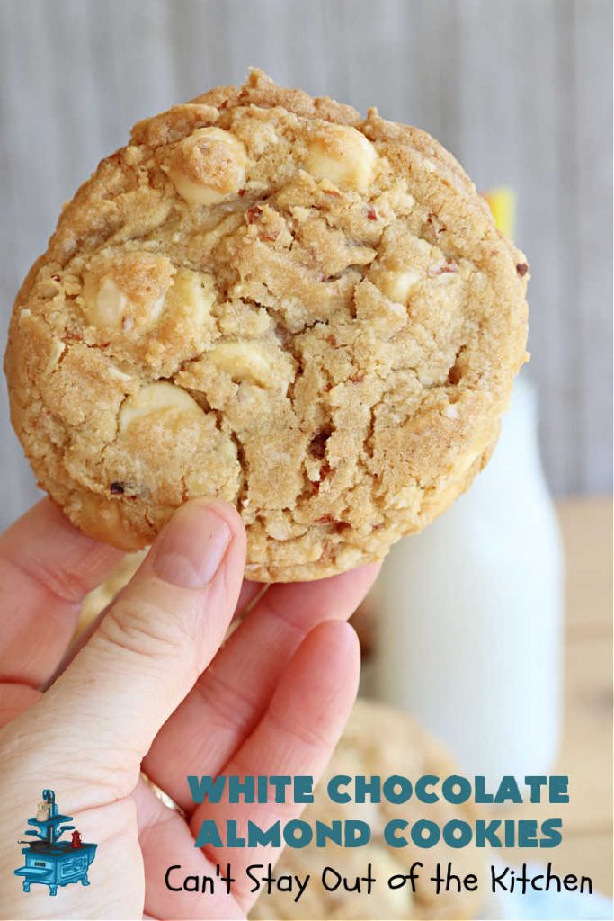 White Chocolate Almond Cookies | Can't Stay Out of the Kitchen | these delectable #cookies are made with REAL #WhiteChocolateChips not merely vanilla chips so they have that chocolaty flavor everyone loves. Plus they're chocked full of diced #almonds which add another dimension and flavor that's simply heavenly. Excellent for a potluck, #ChristmasCookieExchange or #tailgating party. Every bite will rock your world! #chocolate #dessert #HolidayDessert #ChocolateDessert #WhiteChocolateAlmondCookies