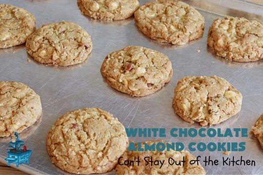 White Chocolate Almond Cookies | Can't Stay Out of the Kitchen | these delectable #cookies are made with REAL #WhiteChocolateChips not merely vanilla chips so they have that chocolaty flavor everyone loves. Plus they're chocked full of diced #almonds which add another dimension and flavor that's simply heavenly. Excellent for a potluck, #ChristmasCookieExchange or #tailgating party. Every bite will rock your world! #chocolate #dessert #HolidayDessert #ChocolateDessert #WhiteChocolateAlmondCookies