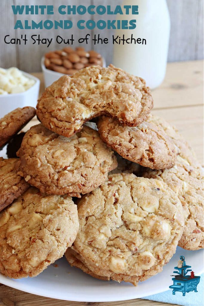 White Chocolate Almond Cookies | Can't Stay Out of the Kitchen | these delectable #cookies are made with REAL #WhiteChocolateChips not merely vanilla chips so they have that chocolaty flavor everyone loves. Plus they're chocked full of diced #almonds which add another dimension and flavor that's simply heavenly. Excellent for a potluck, #ChristmasCookieExchange or #tailgating party. Every bite will rock your world! #chocolate #dessert #HolidayDessert #ChocolateDessert #WhiteChocolateAlmondCookies