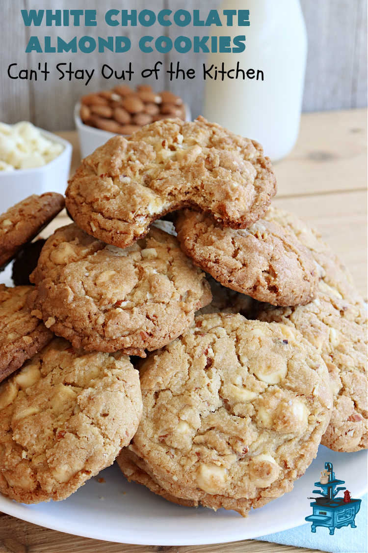 White Chocolate Almond Cookies | Can't Stay Out of the Kitchen | these delectable #cookies are made with REAL #WhiteChocolateChips not merely vanilla chips so they have that chocolaty flavor everyone loves. Plus they're chocked full of diced #almonds which add another dimension and flavor that's simply heavenly. Excellent for a potluck, #ChristmasCookieExchange or #tailgating party. Every bite will rock your world! #chocolate #dessert #HolidayDessert #ChocolateDessert #WhiteChocolateAlmondCookies