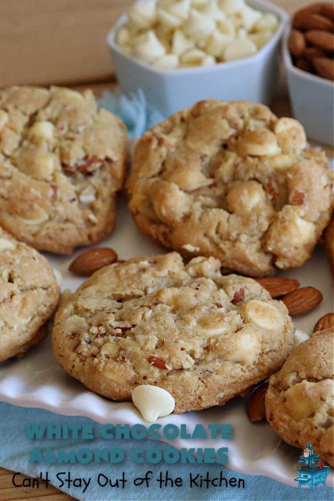 White Chocolate Almond Cookies | Can't Stay Out of the Kitchen | these delectable #cookies are made with REAL #WhiteChocolateChips not merely vanilla chips so they have that chocolaty flavor everyone loves. Plus they're chocked full of diced #almonds which add another dimension and flavor that's simply heavenly. Excellent for a potluck, #ChristmasCookieExchange or #tailgating party. Every bite will rock your world! #chocolate #dessert #HolidayDessert #ChocolateDessert #WhiteChocolateAlmondCookies