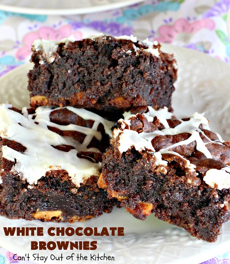 White Chocolate Brownies | Can't Stay Out of the Kitchen | these spectacular #brownies have 5X the #chocolate with #cocoa, chocolate extract, #Hersheys #ChocolateSyrup, #WhiteChocolateChips & #WhiteChocolate icing. They are rich, decadent & absolutely divine! Perfect for #holidays, potlucks, #tailgating parties & backyard BBQs. #cookies #ChocolateDessert #WhiteChocolateBrownies