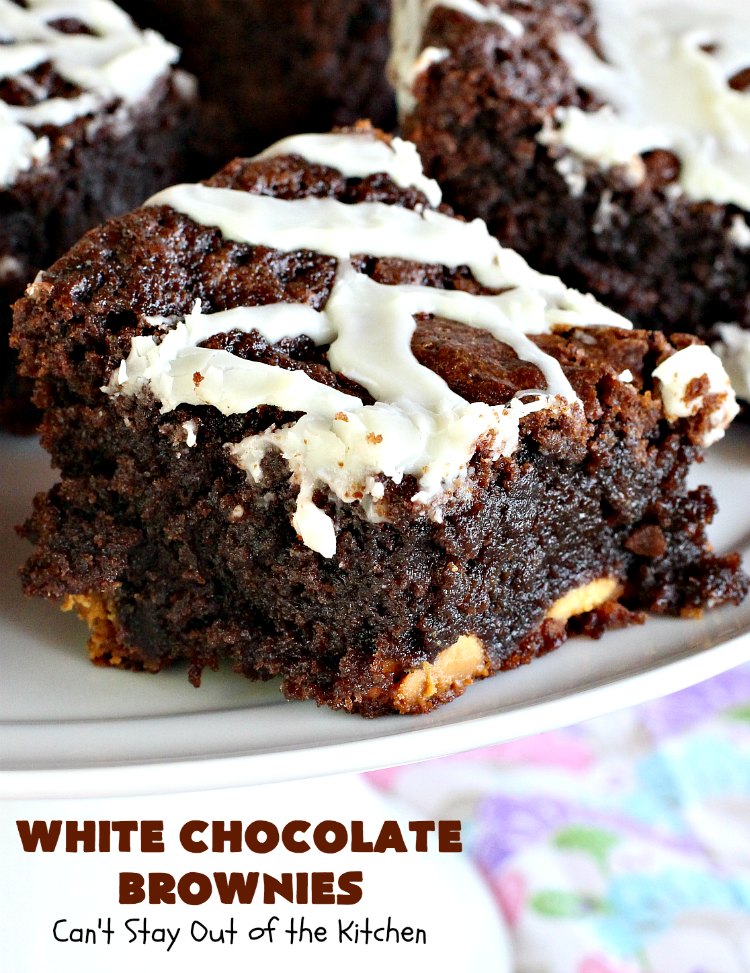 White Chocolate Brownies | Can't Stay Out of the Kitchen | these spectacular #brownies have 5X the #chocolate with #cocoa, chocolate extract, #Hersheys #ChocolateSyrup, #WhiteChocolateChips & #WhiteChocolate icing. They are rich, decadent & absolutely divine! Perfect for #holidays, potlucks, #tailgating parties & backyard BBQs. #cookies #ChocolateDessert #WhiteChocolateBrownies
