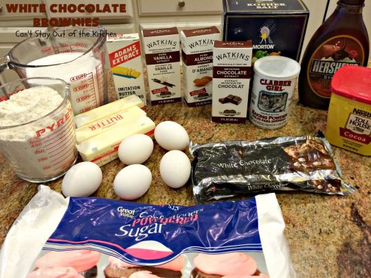 White Chocolate Brownies | Can't Stay Out of the Kitchen | these spectacular #brownies have 5X the #chocolate with #cocoa, chocolate extract, #Hersheys #ChocolateSyrup, #WhiteChocolateChips & #WhiteChocolate icing. They are rich, decadent & absolutely divine! Perfect for #holidays, potlucks, #tailgating parties & backyard BBQs. #cookies #ChocolateDessert #WhiteChocolateBrownies