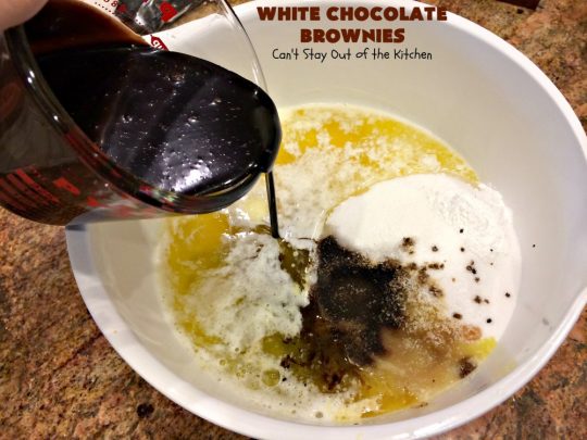 White Chocolate Brownies | Can't Stay Out of the Kitchen | these spectacular #brownies have 5X the #chocolate with #cocoa, chocolate extract, #Hersheys #ChocolateSyrup, #WhiteChocolateChips & #WhiteChocolate icing. They are rich, decadent & absolutely divine! Perfect for #holidays, potlucks, #tailgating parties & backyard BBQs. #cookies #ChocolateDessert #WhiteChocolateBrownies