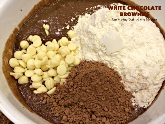 White Chocolate Brownies | Can't Stay Out of the Kitchen | these spectacular #brownies have 5X the #chocolate with #cocoa, chocolate extract, #Hersheys #ChocolateSyrup, #WhiteChocolateChips & #WhiteChocolate icing. They are rich, decadent & absolutely divine! Perfect for #holidays, potlucks, #tailgating parties & backyard BBQs. #cookies #ChocolateDessert #WhiteChocolateBrownies