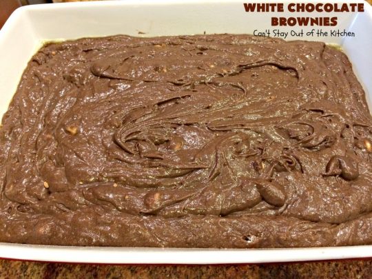 White Chocolate Brownies | Can't Stay Out of the Kitchen | these spectacular #brownies have 5X the #chocolate with #cocoa, chocolate extract, #Hersheys #ChocolateSyrup, #WhiteChocolateChips & #WhiteChocolate icing. They are rich, decadent & absolutely divine! Perfect for #holidays, potlucks, #tailgating parties & backyard BBQs. #cookies #ChocolateDessert #WhiteChocolateBrownies