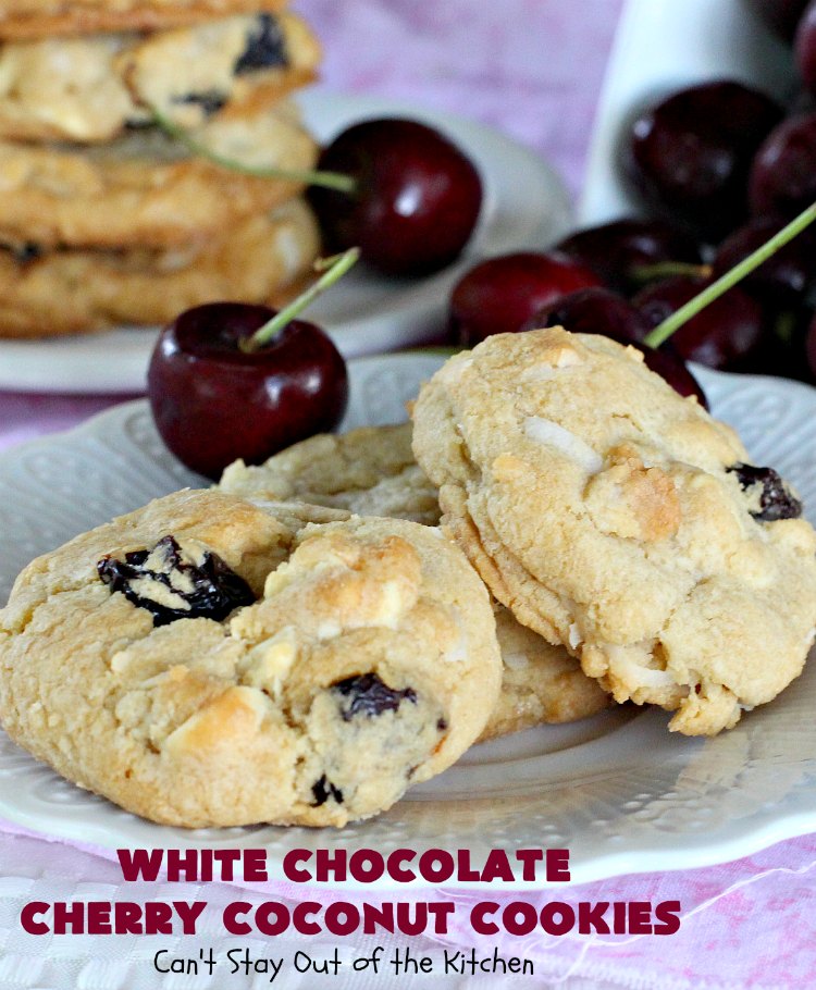 White Chocolate Cherry Coconut Cookies | Can't Stay Out of the Kitchen | these amazing #cookies have it all! They're festive, beautiful and taste incredibly good. Perfect for #holiday parties or #ChristmasCookieExchanges. #tailgating #dessert #ChocolateDessert #WhiteChocolateChips #Cherries #coconut #CherryDessert