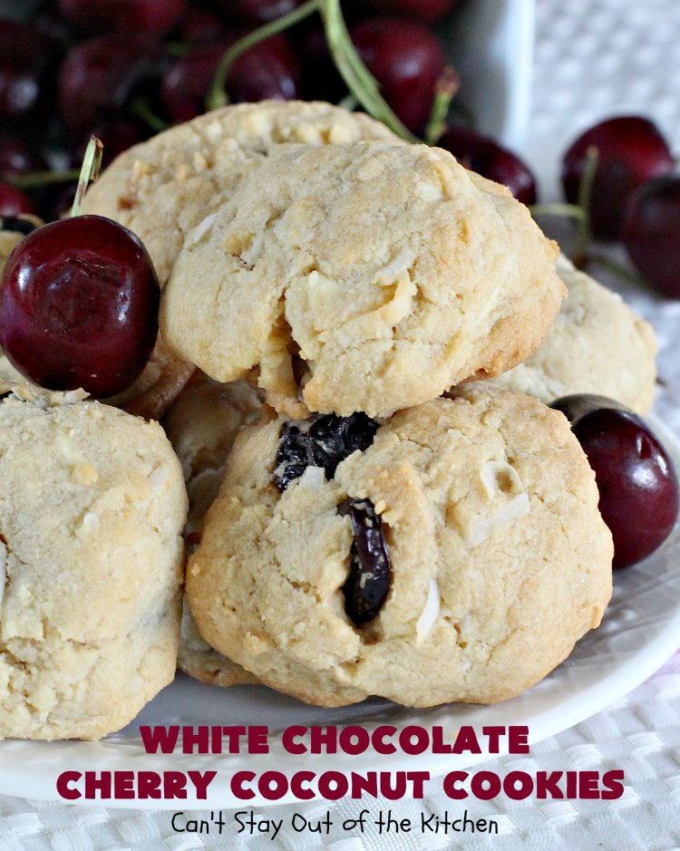 White Chocolate Cherry Coconut Cookies | Can't Stay Out of the Kitchen | these amazing #cookies have it all! They're festive, beautiful and taste incredibly good. Perfect for #holiday parties or #ChristmasCookieExchanges. #tailgating #dessert #ChocolateDessert #WhiteChocolateChips #Cherries #coconut #CherryDessert
