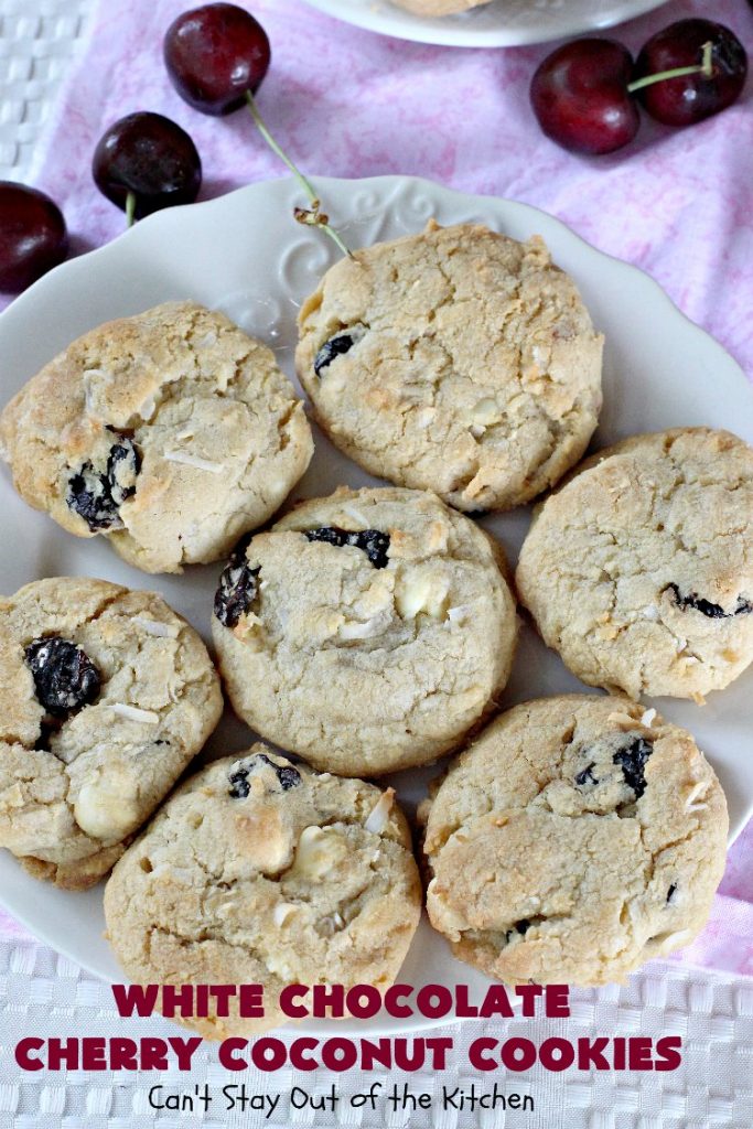 White Chocolate Cherry Coconut Cookies | Can't Stay Out of the Kitchen | these amazing #cookies have it all! They're festive, beautiful and taste incredibly good. Perfect for #holiday parties or #ChristmasCookieExchanges. #tailgating #dessert #ChocolateDessert #WhiteChocolateChips #Cherries #coconut #CherryDessert