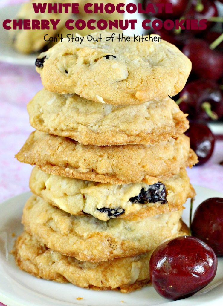 White Chocolate Cherry Coconut Cookies | Can't Stay Out of the Kitchen | these amazing #cookies have it all! They're festive, beautiful and taste incredibly good. Perfect for #holiday parties or #ChristmasCookieExchanges. #tailgating #dessert #ChocolateDessert #WhiteChocolateChips #Cherries #coconut #CherryDessert