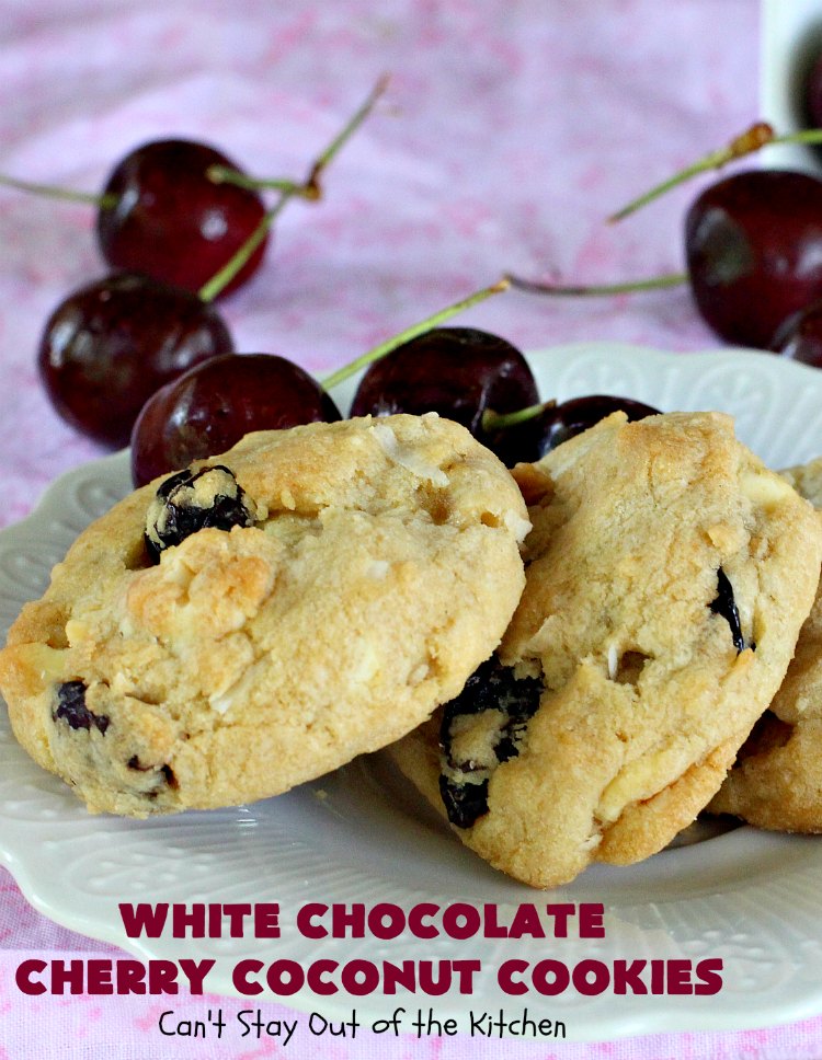 White Chocolate Cherry Coconut Cookies | Can't Stay Out of the Kitchen | these amazing #cookies have it all! They're festive, beautiful and taste incredibly good. Perfect for #holiday parties or #ChristmasCookieExchanges. #tailgating #dessert #ChocolateDessert #WhiteChocolateChips #Cherries #coconut #CherryDessert