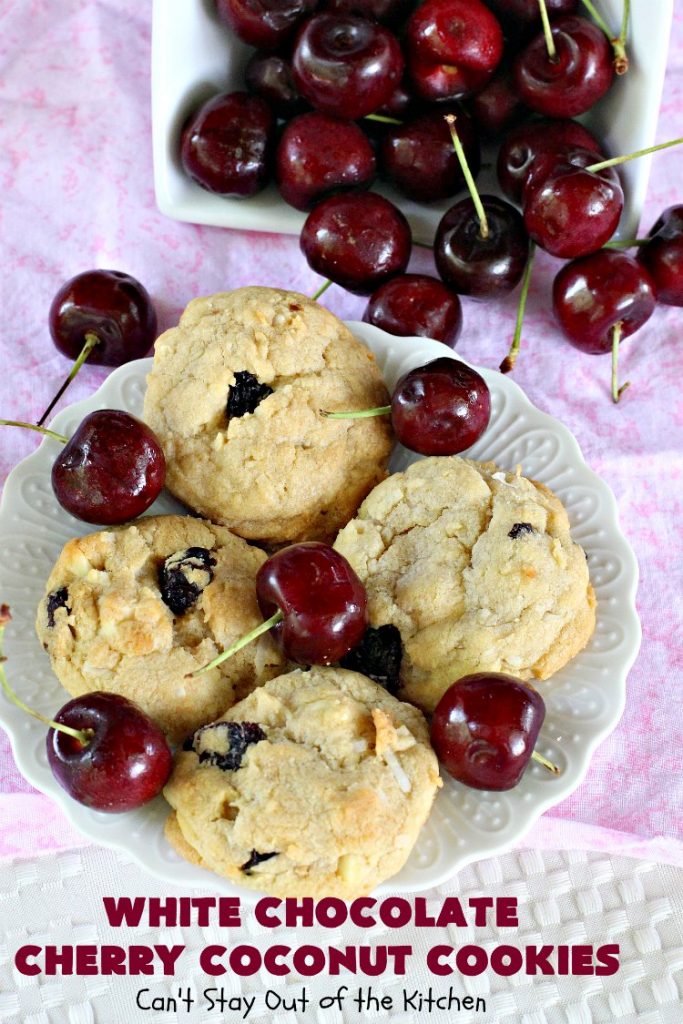 White Chocolate Cherry Coconut Cookies | Can't Stay Out of the Kitchen | these amazing #cookies have it all! They're festive, beautiful and taste incredibly good. Perfect for #holiday parties or #ChristmasCookieExchanges. #tailgating #dessert #ChocolateDessert #WhiteChocolateChips #Cherries #coconut #CherryDessert
