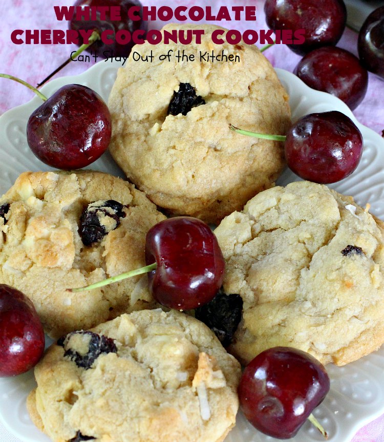 White Chocolate Cherry Coconut Cookies | Can't Stay Out of the Kitchen | these amazing #cookies have it all! They're festive, beautiful and taste incredibly good. Perfect for #holiday parties or #ChristmasCookieExchanges. #tailgating #dessert #ChocolateDessert #WhiteChocolateChips #Cherries #coconut #CherryDessert