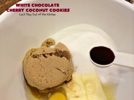 White Chocolate Cherry Coconut Cookies | Can't Stay Out of the Kitchen | these amazing #cookies have it all! They're festive, beautiful and taste incredibly good. Perfect for #holiday parties or #ChristmasCookieExchanges. #tailgating #dessert #ChocolateDessert #WhiteChocolateChips #Cherries #coconut #CherryDessert