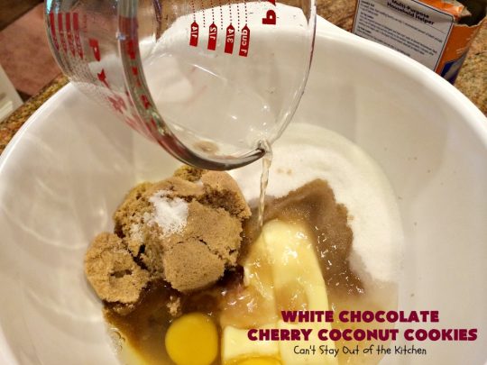 White Chocolate Cherry Coconut Cookies | Can't Stay Out of the Kitchen | these amazing #cookies have it all! They're festive, beautiful and taste incredibly good. Perfect for #holiday parties or #ChristmasCookieExchanges. #tailgating #dessert #ChocolateDessert #WhiteChocolateChips #Cherries #coconut #CherryDessert