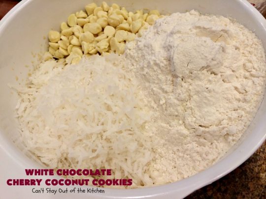 White Chocolate Cherry Coconut Cookies | Can't Stay Out of the Kitchen | these amazing #cookies have it all! They're festive, beautiful and taste incredibly good. Perfect for #holiday parties or #ChristmasCookieExchanges. #tailgating #dessert #ChocolateDessert #WhiteChocolateChips #Cherries #coconut #CherryDessert
