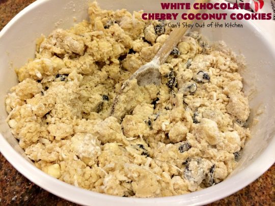 White Chocolate Cherry Coconut Cookies | Can't Stay Out of the Kitchen | these amazing #cookies have it all! They're festive, beautiful and taste incredibly good. Perfect for #holiday parties or #ChristmasCookieExchanges. #tailgating #dessert #ChocolateDessert #WhiteChocolateChips #Cherries #coconut #CherryDessert