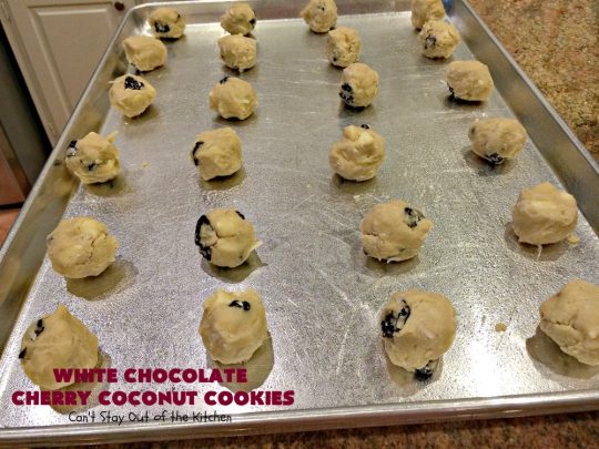 White Chocolate Cherry Coconut Cookies | Can't Stay Out of the Kitchen | these amazing #cookies have it all! They're festive, beautiful and taste incredibly good. Perfect for #holiday parties or #ChristmasCookieExchanges. #tailgating #dessert #ChocolateDessert #WhiteChocolateChips #Cherries #coconut #CherryDessert