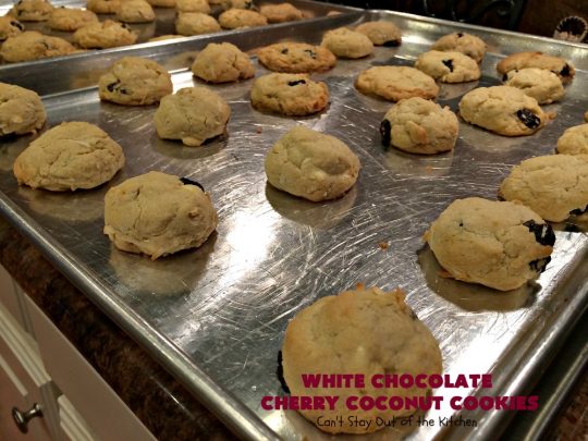 White Chocolate Cherry Coconut Cookies | Can't Stay Out of the Kitchen | these amazing #cookies have it all! They're festive, beautiful and taste incredibly good. Perfect for #holiday parties or #ChristmasCookieExchanges. #tailgating #dessert #ChocolateDessert #WhiteChocolateChips #Cherries #coconut #CherryDessert