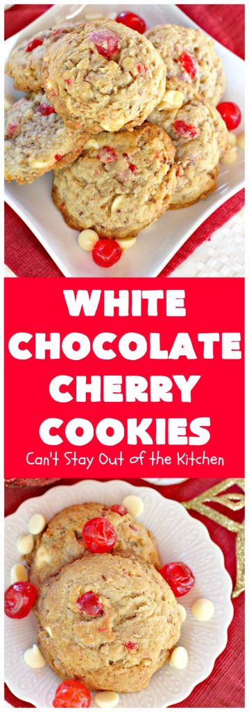 White Chocolate Cherry Cookies | Can't Stay Out of the Kitchen | these over-the-top #cookies will knock your socks off! They're filled with white #chocolate chips, #pecans & #candiedcherries. They're awesome for #holiday #baking & #Christmas #cookie exchanges. #dessert #cherrydessert #ChristmasDessert #whitechocolatedessert #chocolatedessert #whitechocolate