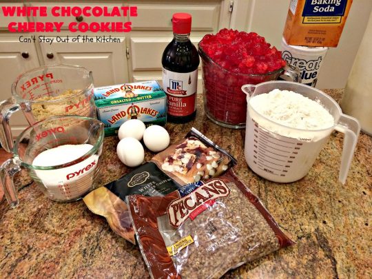 White Chocolate Cherry Cookies | Can't Stay Out of the Kitchen | these over-the-top #cookies will knock your socks off! They're filled with white #chocolate chips, #pecans & #candiedcherries. They're awesome for #holiday #baking & #Christmas #cookie exchanges. #dessert #cherrydessert #ChristmasDessert #whitechocolatedessert #chocolatedessert #whitechocolate