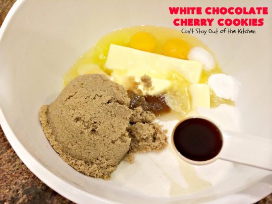 White Chocolate Cherry Cookies | Can't Stay Out of the Kitchen | these over-the-top #cookies will knock your socks off! They're filled with white #chocolate chips, #pecans & #candiedcherries. They're awesome for #holiday #baking & #Christmas #cookie exchanges. #dessert #cherrydessert #ChristmasDessert #whitechocolatedessert #chocolatedessert #whitechocolate