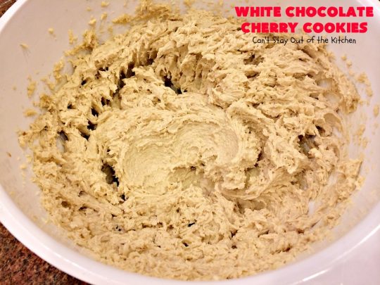 White Chocolate Cherry Cookies | Can't Stay Out of the Kitchen | these over-the-top #cookies will knock your socks off! They're filled with white #chocolate chips, #pecans & #candiedcherries. They're awesome for #holiday #baking & #Christmas #cookie exchanges. #dessert #cherrydessert #ChristmasDessert #whitechocolatedessert #chocolatedessert #whitechocolate