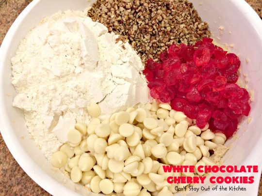 White Chocolate Cherry Cookies | Can't Stay Out of the Kitchen | these over-the-top #cookies will knock your socks off! They're filled with white #chocolate chips, #pecans & #candiedcherries. They're awesome for #holiday #baking & #Christmas #cookie exchanges. #dessert #cherrydessert #ChristmasDessert #whitechocolatedessert #chocolatedessert #whitechocolate