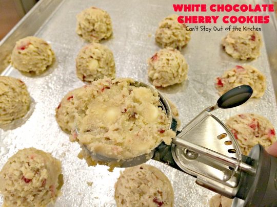 White Chocolate Cherry Cookies | Can't Stay Out of the Kitchen | these over-the-top #cookies will knock your socks off! They're filled with white #chocolate chips, #pecans & #candiedcherries. They're awesome for #holiday #baking & #Christmas #cookie exchanges. #dessert #cherrydessert #ChristmasDessert #whitechocolatedessert #chocolatedessert #whitechocolate
