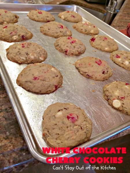 White Chocolate Cherry Cookies | Can't Stay Out of the Kitchen | these over-the-top #cookies will knock your socks off! They're filled with white #chocolate chips, #pecans & #candiedcherries. They're awesome for #holiday #baking & #Christmas #cookie exchanges. #dessert #cherrydessert #ChristmasDessert #whitechocolatedessert #chocolatedessert #whitechocolate