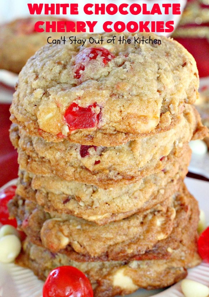White Chocolate Cherry Cookies | Can't Stay Out of the Kitchen | these over-the-top #cookies will knock your socks off! They're filled with white #chocolate chips, #pecans & #candiedcherries. They're awesome for #holiday #baking & #Christmas #cookie exchanges. #dessert #cherrydessert #ChristmasDessert #whitechocolatedessert #chocolatedessert #whitechocolate