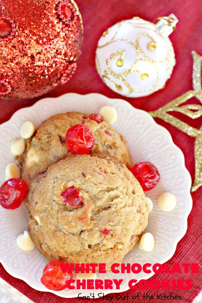 White Chocolate Cherry Cookies | Can't Stay Out of the Kitchen | these over-the-top #cookies will knock your socks off! They're filled with white #chocolate chips, #pecans & #candiedcherries. They're awesome for #holiday #baking & #Christmas #cookie exchanges. #dessert #cherrydessert #ChristmasDessert #whitechocolatedessert #chocolatedessert #whitechocolate