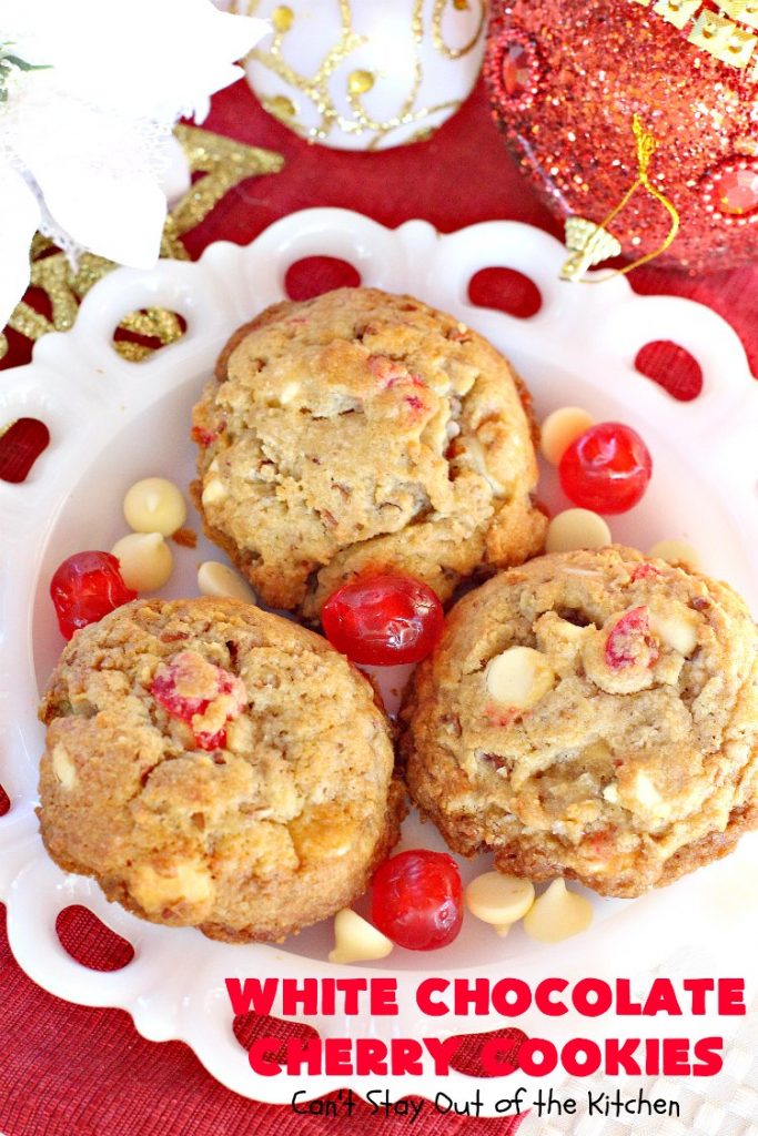 White Chocolate Cherry Cookies | Can't Stay Out of the Kitchen | these over-the-top #cookies will knock your socks off! They're filled with white #chocolate chips, #pecans & #candiedcherries. They're awesome for #holiday #baking & #Christmas #cookie exchanges. #dessert #cherrydessert #ChristmasDessert #whitechocolatedessert #chocolatedessert #whitechocolate