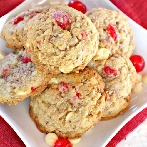 White Chocolate Cherry Cookies | Can't Stay Out of the Kitchen | these over-the-top #cookies will knock your socks off! They're filled with white #chocolate chips, #pecans & #candiedcherries. They're awesome for #holiday #baking & #Christmas #cookie exchanges. #dessert #cherrydessert #ChristmasDessert #whitechocolatedessert #chocolatedessert #whitechocolate