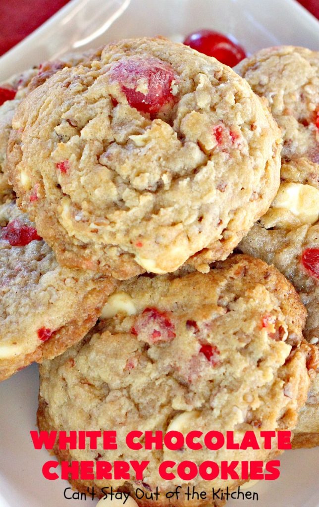 White Chocolate Cherry Cookies | Can't Stay Out of the Kitchen | these over-the-top #cookies will knock your socks off! They're filled with white #chocolate chips, #pecans & #candiedcherries. They're awesome for #holiday #baking & #Christmas #cookie exchanges. #dessert #cherrydessert #ChristmasDessert #whitechocolatedessert #chocolatedessert #whitechocolate