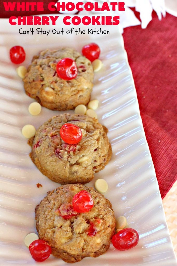 White Chocolate Cherry Cookies | Can't Stay Out of the Kitchen | these over-the-top #cookies will knock your socks off! They're filled with white #chocolate chips, #pecans & #candiedcherries. They're awesome for #holiday #baking & #Christmas #cookie exchanges. #dessert #cherrydessert #ChristmasDessert #whitechocolatedessert #chocolatedessert #whitechocolate
