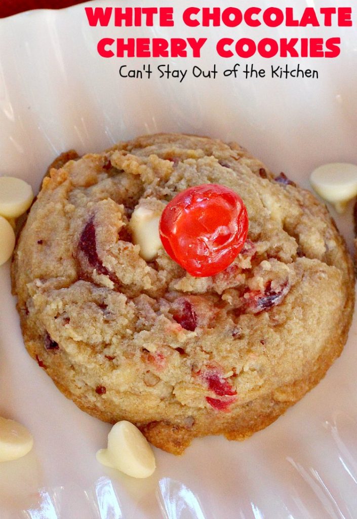 White Chocolate Cherry Cookies | Can't Stay Out of the Kitchen | these over-the-top #cookies will knock your socks off! They're filled with white #chocolate chips, #pecans & #candiedcherries. They're awesome for #holiday #baking & #Christmas #cookie exchanges. #dessert #cherrydessert #ChristmasDessert #whitechocolatedessert #chocolatedessert #whitechocolate
