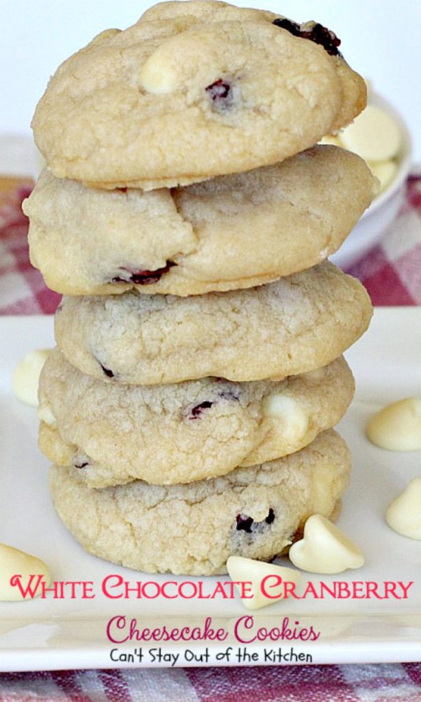 White Chocolate Cranberry Cheesecake Cookies | Can't Stay Out of the Kitchen | #Subway copycat recipe. #cheesecake pudding mix takes these scrumptious #cookies to the next level. They are sensational! #whitechocolate #craisins #dessert