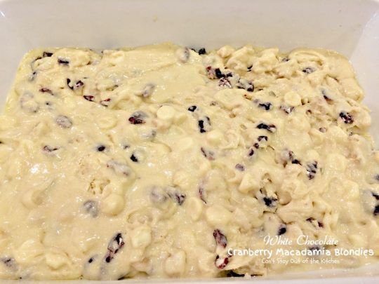 White Chocolate Cranberry Macadamia Blondies | Can't Stay Out of the Kitchen | these luscious #brownies are great for the #holidays or any time you want a special treat. #chocolate #cranberries #dessert