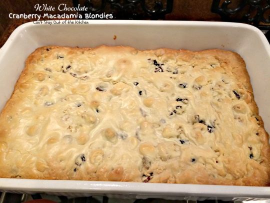 White Chocolate Cranberry Macadamia Blondies | Can't Stay Out of the Kitchen | these luscious #brownies are great for the #holidays or any time you want a special treat. #chocolate #cranberries #dessert